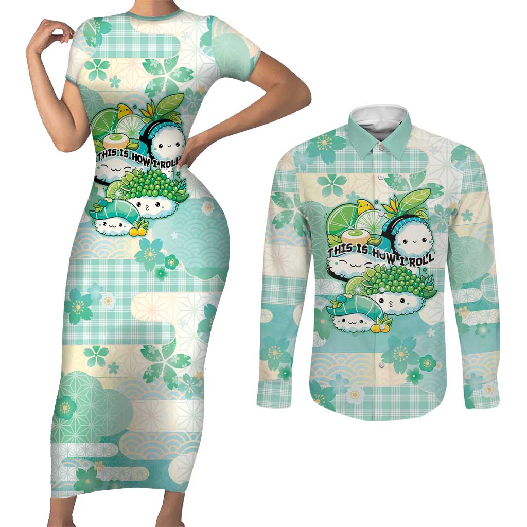 Personalized Japanese Kawaii Sushi Couples Matching Short Sleeve Bodycon Dress and Long Sleeve Button Shirt Green Wagara Palaka This Is How I Roll LT9 Green - Polynesian Pride