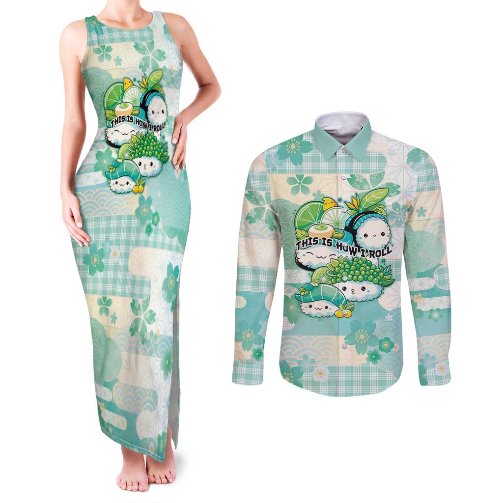 Personalized Japanese Kawaii Sushi Couples Matching Tank Maxi Dress and Long Sleeve Button Shirt Green Wagara Palaka This Is How I Roll LT9 Green - Polynesian Pride