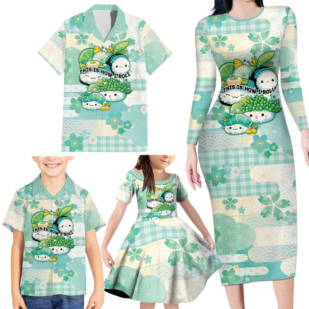 Personalized Japanese Kawaii Sushi Family Matching Long Sleeve Bodycon Dress and Hawaiian Shirt Green Wagara Palaka This Is How I Roll LT9 - Polynesian Pride