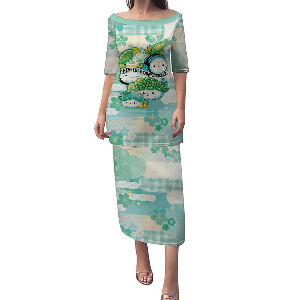 Personalized Japanese Kawaii Sushi Family Matching Puletasi and Hawaiian Shirt Green Wagara Palaka This Is How I Roll LT9 Mom's Dress Green - Polynesian Pride