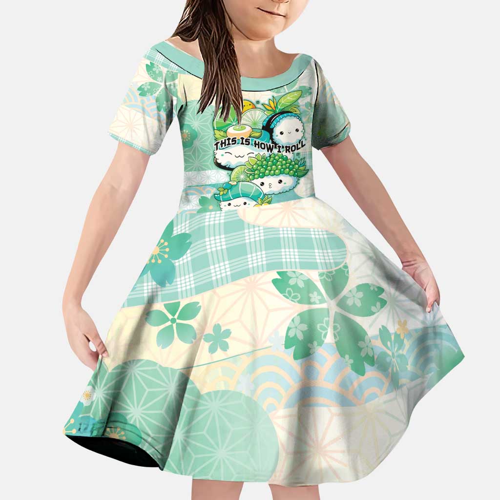 Personalized Japanese Kawaii Sushi Family Matching Summer Maxi Dress and Hawaiian Shirt Green Wagara Palaka This Is How I Roll LT9 Daughter's Dress Green - Polynesian Pride