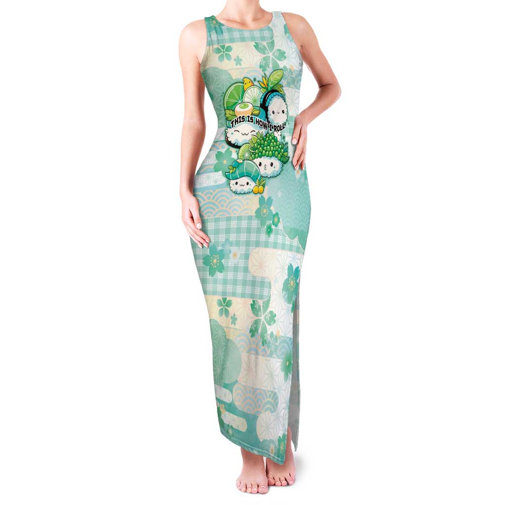 Personalized Japanese Kawaii Sushi Family Matching Tank Maxi Dress and Hawaiian Shirt Green Wagara Palaka This Is How I Roll LT9 Mom's Dress Green - Polynesian Pride