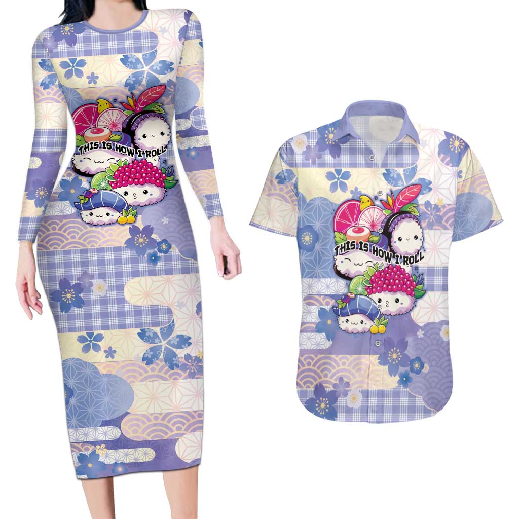 Personalized Japanese Kawaii Sushi Couples Matching Long Sleeve Bodycon Dress and Hawaiian Shirt Blue Wagara Palaka This Is How I Roll LT9 Blue - Polynesian Pride