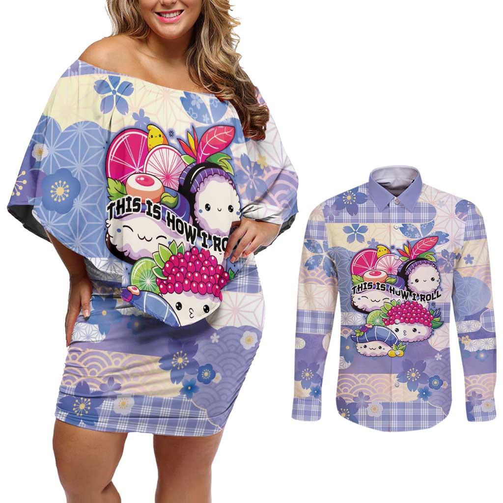 Personalized Japanese Kawaii Sushi Couples Matching Off Shoulder Short Dress and Long Sleeve Button Shirt Blue Wagara Palaka This Is How I Roll