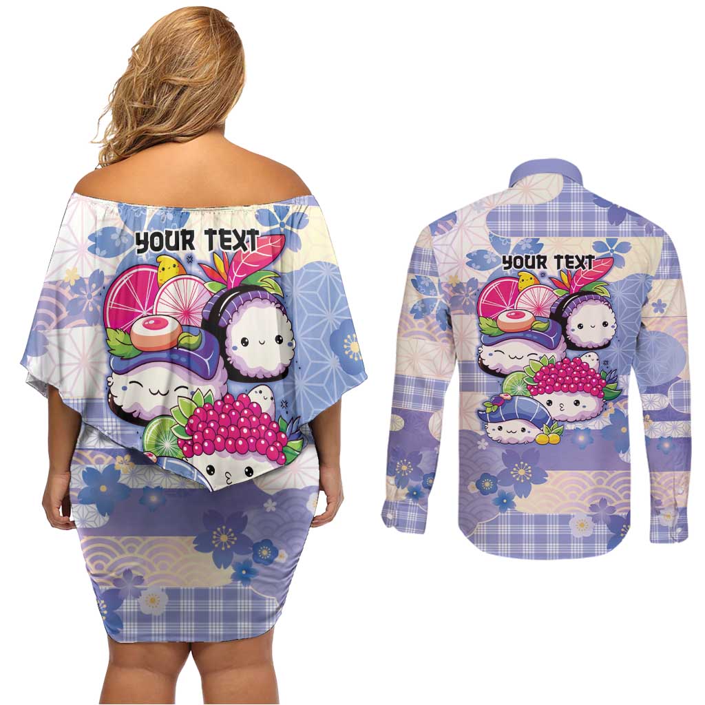 Personalized Japanese Kawaii Sushi Couples Matching Off Shoulder Short Dress and Long Sleeve Button Shirt Blue Wagara Palaka This Is How I Roll