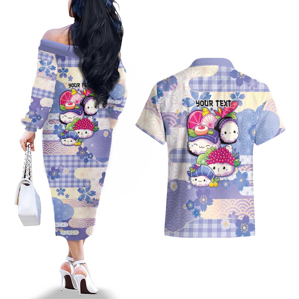 Personalized Japanese Kawaii Sushi Couples Matching Off The Shoulder Long Sleeve Dress and Hawaiian Shirt Blue Wagara Palaka This Is How I Roll LT9 - Polynesian Pride