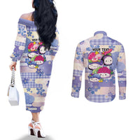 Personalized Japanese Kawaii Sushi Couples Matching Off The Shoulder Long Sleeve Dress and Long Sleeve Button Shirt Blue Wagara Palaka This Is How I Roll LT9 - Polynesian Pride