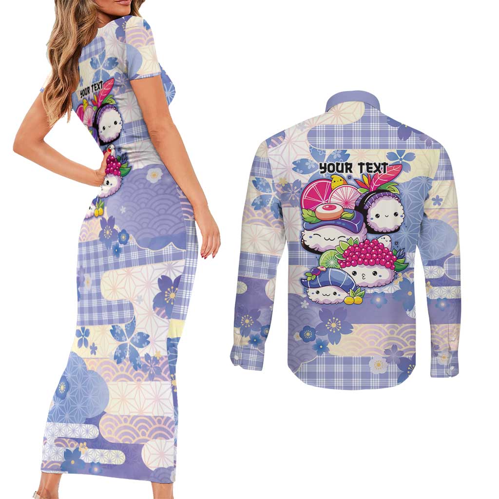 Personalized Japanese Kawaii Sushi Couples Matching Short Sleeve Bodycon Dress and Long Sleeve Button Shirt Blue Wagara Palaka This Is How I Roll LT9 - Polynesian Pride
