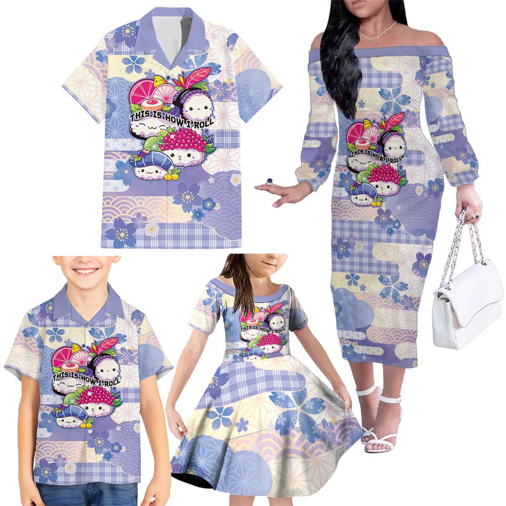 Personalized Japanese Kawaii Sushi Family Matching Off The Shoulder Long Sleeve Dress and Hawaiian Shirt Blue Wagara Palaka This Is How I Roll LT9 - Polynesian Pride
