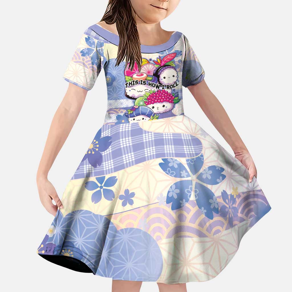 Personalized Japanese Kawaii Sushi Family Matching Short Sleeve Bodycon Dress and Hawaiian Shirt Blue Wagara Palaka This Is How I Roll LT9 Daughter's Dress Blue - Polynesian Pride