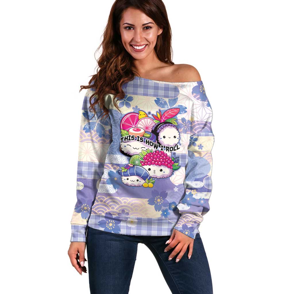 Personalized Japanese Kawaii Sushi Off Shoulder Sweater Blue Wagara Palaka This Is How I Roll
