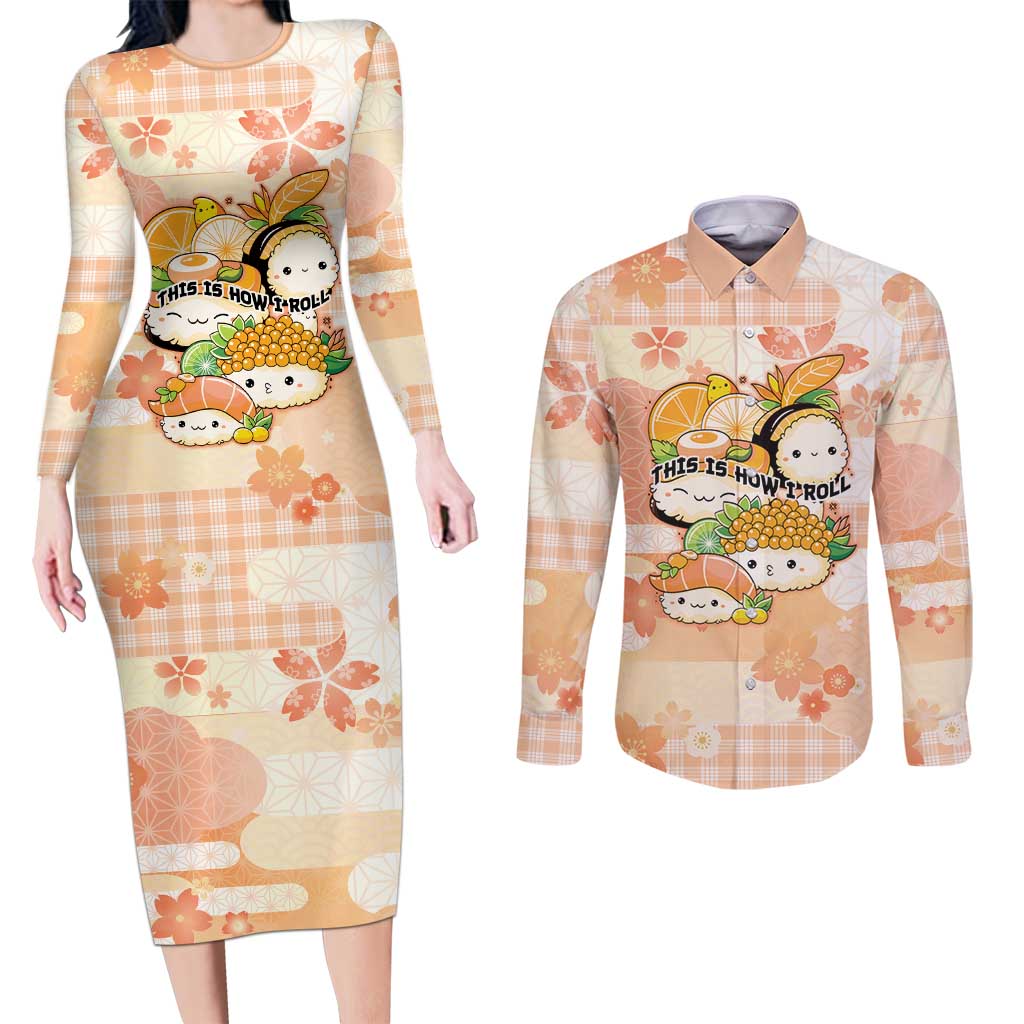 Personalized Japanese Kawaii Sushi Couples Matching Long Sleeve Bodycon Dress and Long Sleeve Button Shirt Peach Wagara Palaka This Is How I Roll LT9 Peach - Polynesian Pride