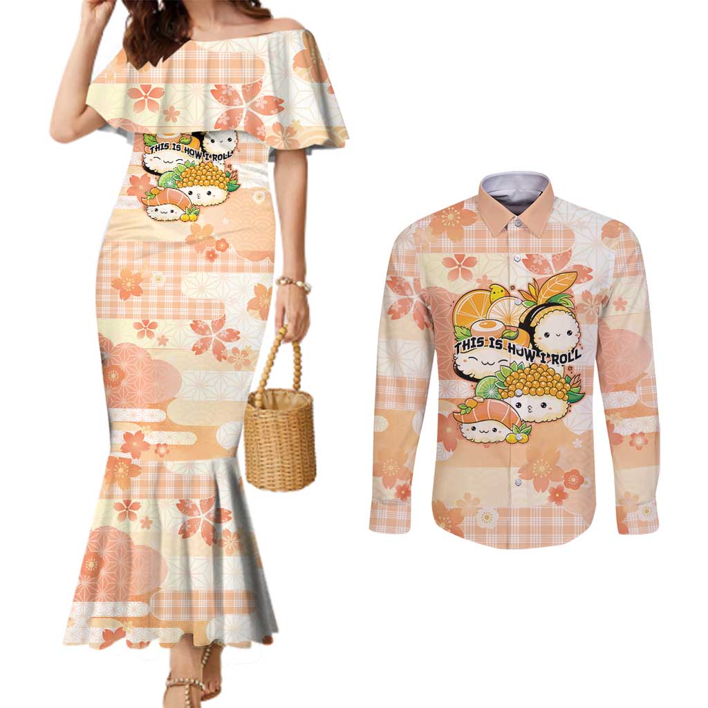 Personalized Japanese Kawaii Sushi Couples Matching Mermaid Dress and Long Sleeve Button Shirt Peach Wagara Palaka This Is How I Roll LT9 Peach - Polynesian Pride