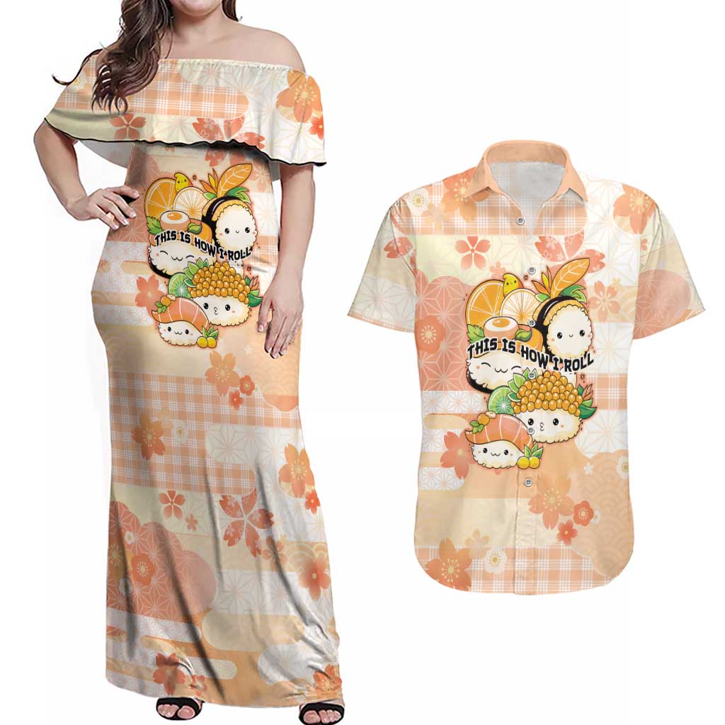 Personalized Japanese Kawaii Sushi Couples Matching Off Shoulder Maxi Dress and Hawaiian Shirt Peach Wagara Palaka This Is How I Roll