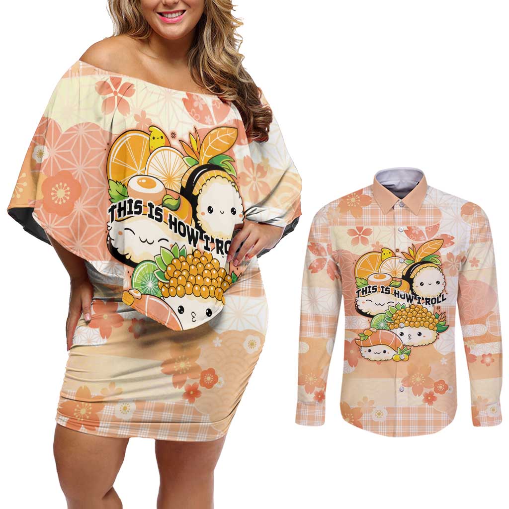 Personalized Japanese Kawaii Sushi Couples Matching Off Shoulder Short Dress and Long Sleeve Button Shirt Peach Wagara Palaka This Is How I Roll LT9 Peach - Polynesian Pride