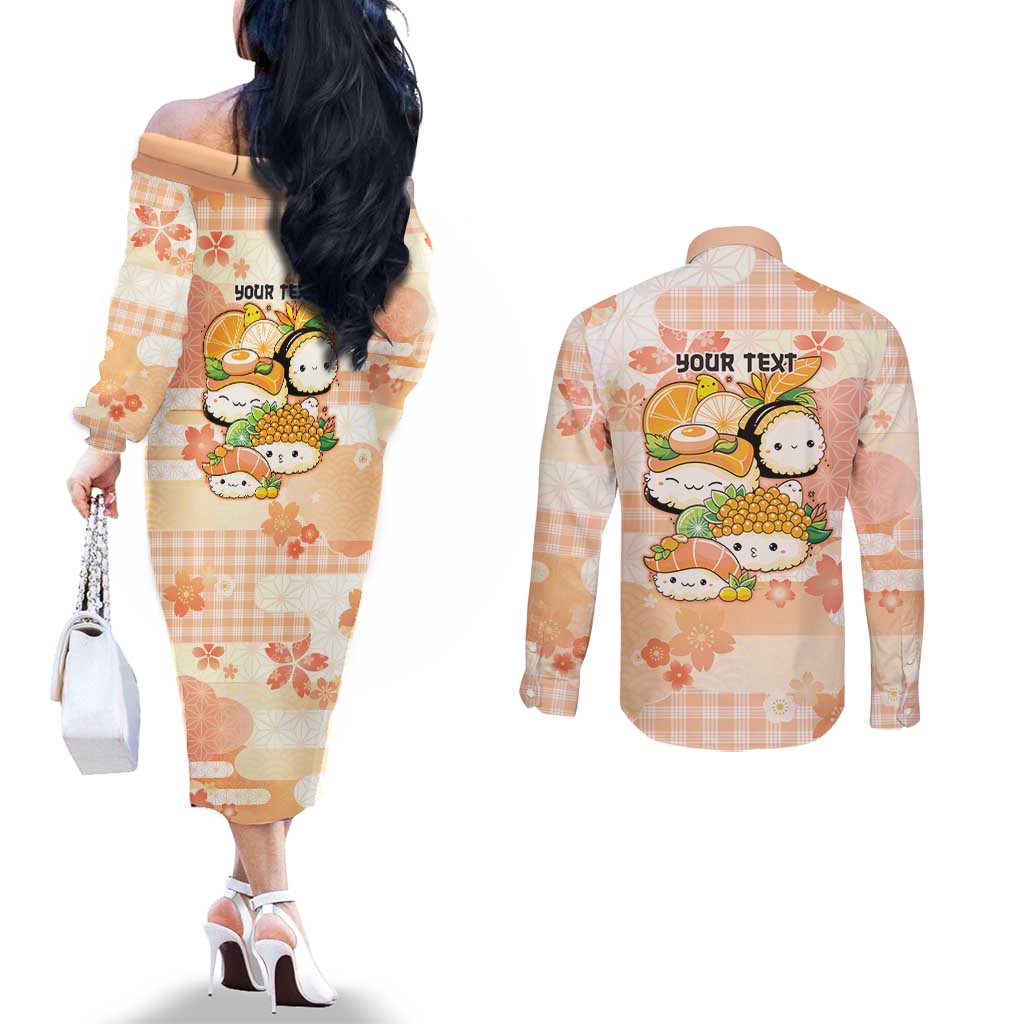 Personalized Japanese Kawaii Sushi Couples Matching Off The Shoulder Long Sleeve Dress and Long Sleeve Button Shirt Peach Wagara Palaka This Is How I Roll LT9 - Polynesian Pride