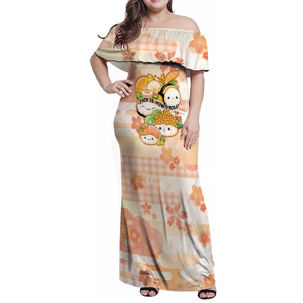 Personalized Japanese Kawaii Sushi Family Matching Off Shoulder Maxi Dress and Hawaiian Shirt Peach Wagara Palaka This Is How I Roll LT9 Mom's Dress Peach - Polynesian Pride