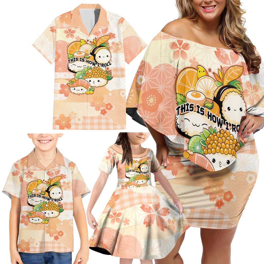 Personalized Japanese Kawaii Sushi Family Matching Off Shoulder Short Dress and Hawaiian Shirt Peach Wagara Palaka This Is How I Roll LT9 - Polynesian Pride