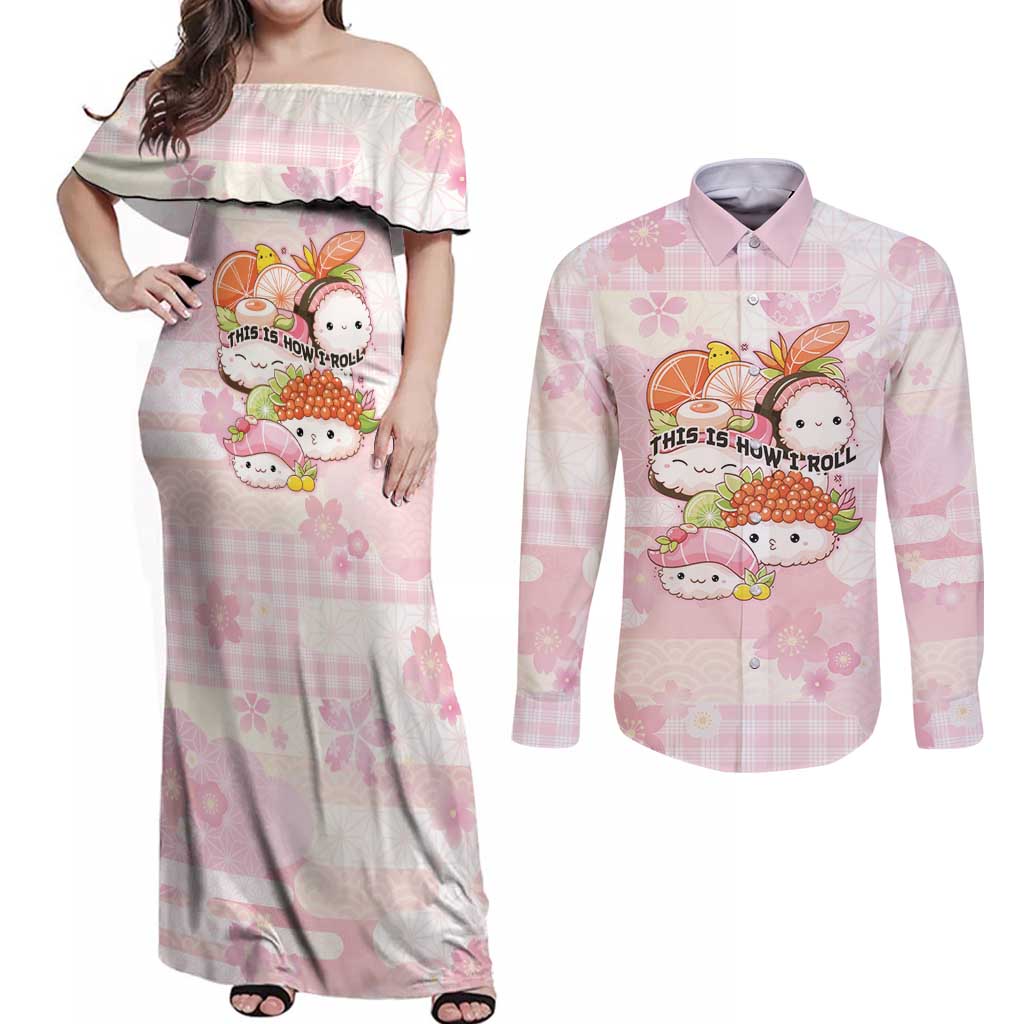 Personalized Japanese Kawaii Sushi Couples Matching Off Shoulder Maxi Dress and Long Sleeve Button Shirt Pink Wagara Palaka This Is How I Roll LT9 Pink - Polynesian Pride