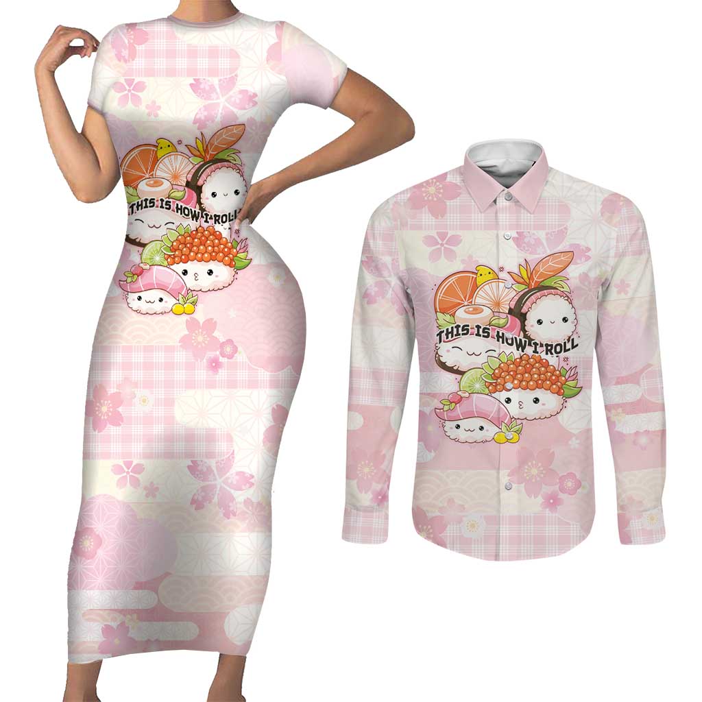 Personalized Japanese Kawaii Sushi Couples Matching Short Sleeve Bodycon Dress and Long Sleeve Button Shirt Pink Wagara Palaka This Is How I Roll LT9 Pink - Polynesian Pride