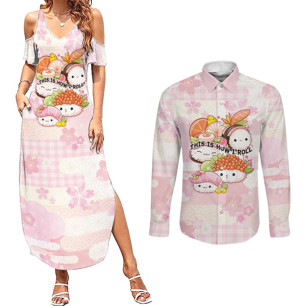 Personalized Japanese Kawaii Sushi Couples Matching Summer Maxi Dress and Long Sleeve Button Shirt Pink Wagara Palaka This Is How I Roll LT9 Pink - Polynesian Pride