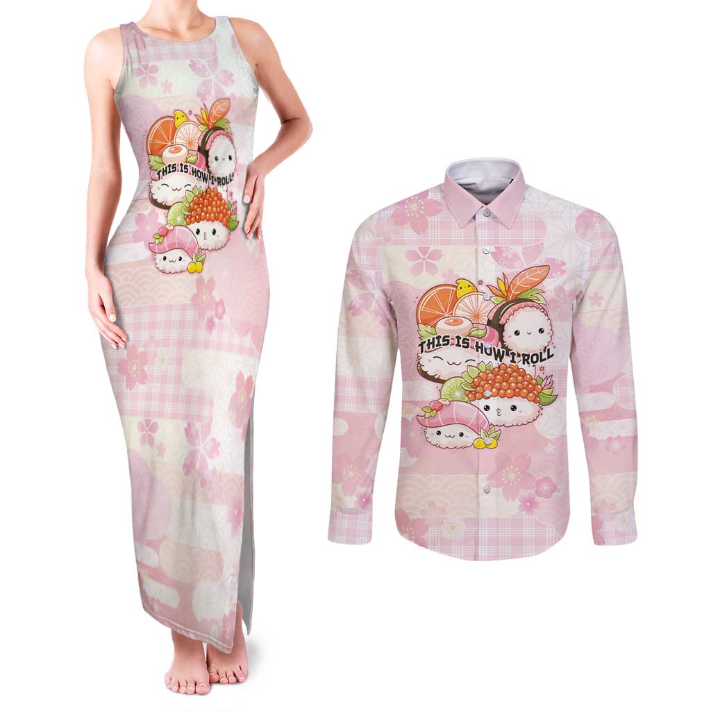 Personalized Japanese Kawaii Sushi Couples Matching Tank Maxi Dress and Long Sleeve Button Shirt Pink Wagara Palaka This Is How I Roll LT9 Pink - Polynesian Pride