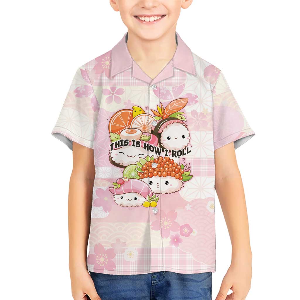 Personalized Japanese Kawaii Sushi Family Matching Long Sleeve Bodycon Dress and Hawaiian Shirt Pink Wagara Palaka This Is How I Roll LT9 Son's Shirt Pink - Polynesian Pride