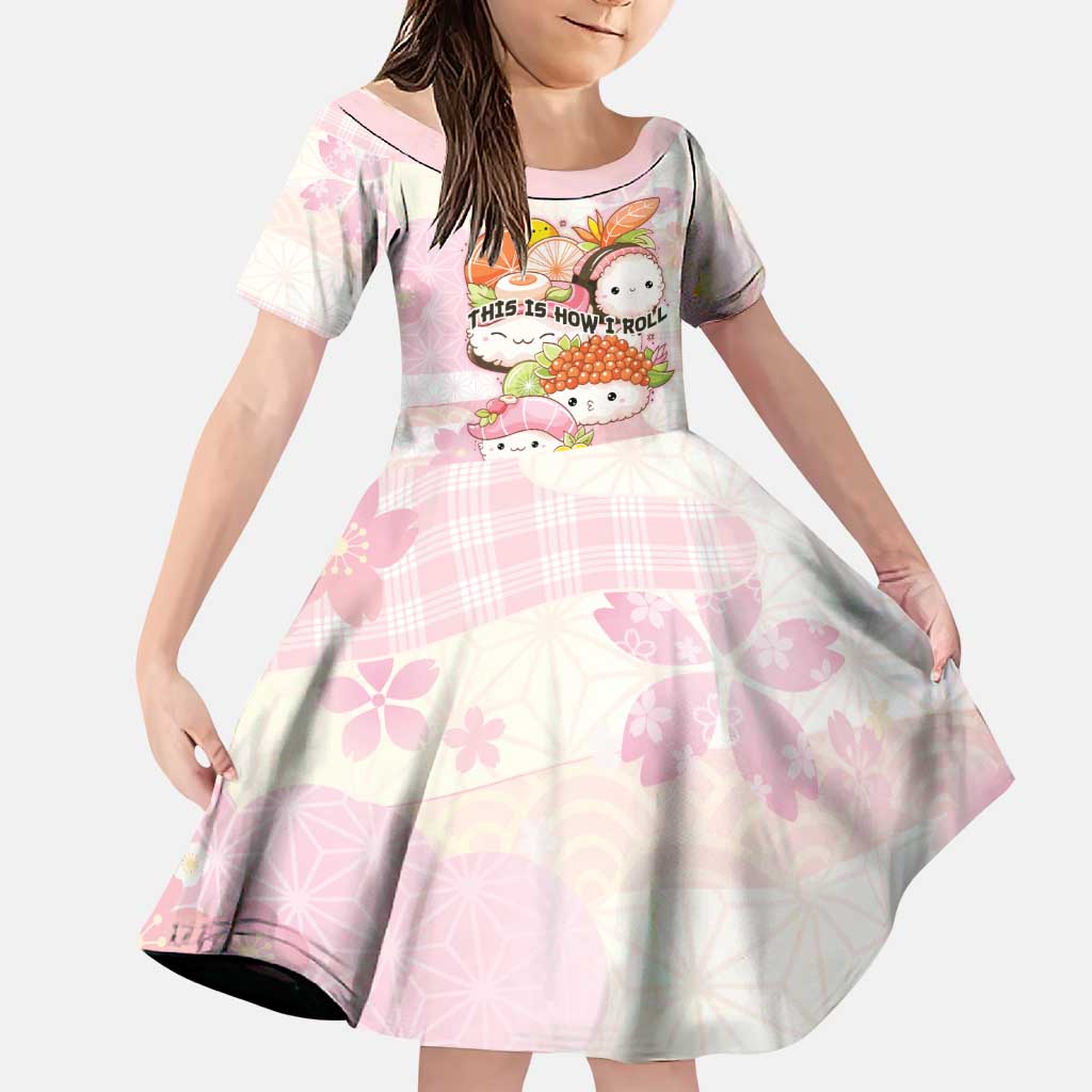 Personalized Japanese Kawaii Sushi Family Matching Off Shoulder Short Dress and Hawaiian Shirt Pink Wagara Palaka This Is How I Roll LT9 Daughter's Dress Pink - Polynesian Pride