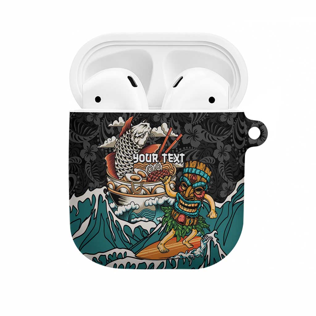 Personalized Japanese Koi Fish Ramen AirPods Case Tiki Surfing Wagara Hibiscus Pattern LT9 Black - Polynesian Pride