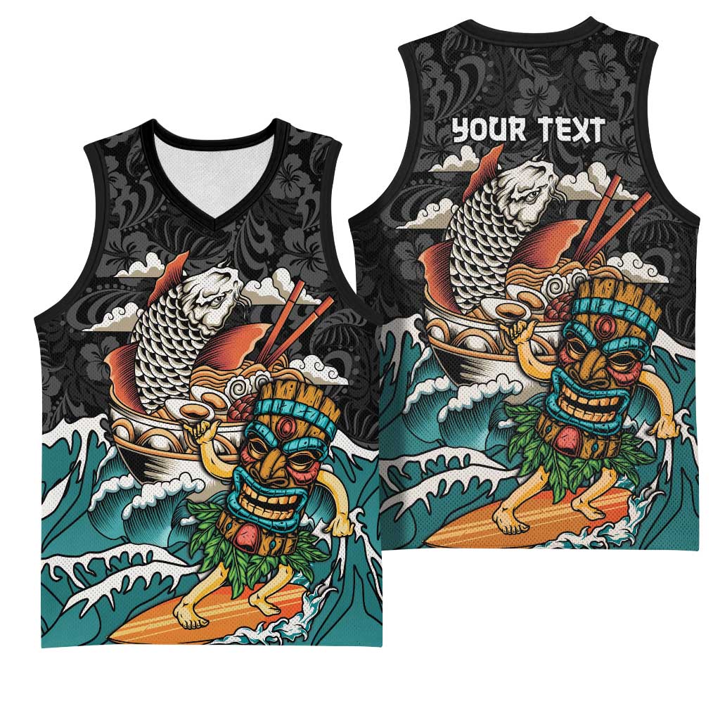 Personalized Japanese Koi Fish Ramen Basketball Jersey Tiki Surfing Wagara Hibiscus Pattern