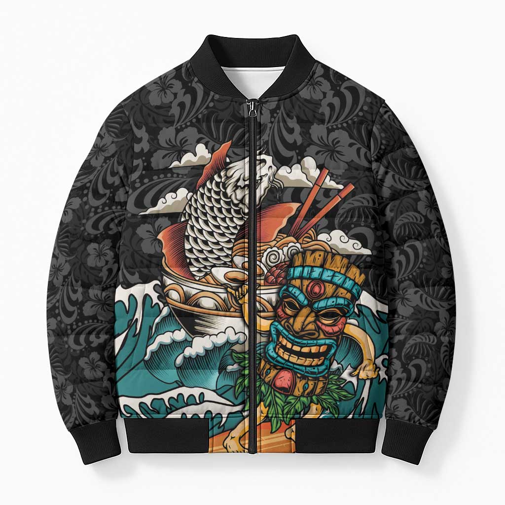 Personalized Japanese Koi Fish Ramen Bomber Puffer Jacket Tiki Surfing Wagara Hibiscus Pattern