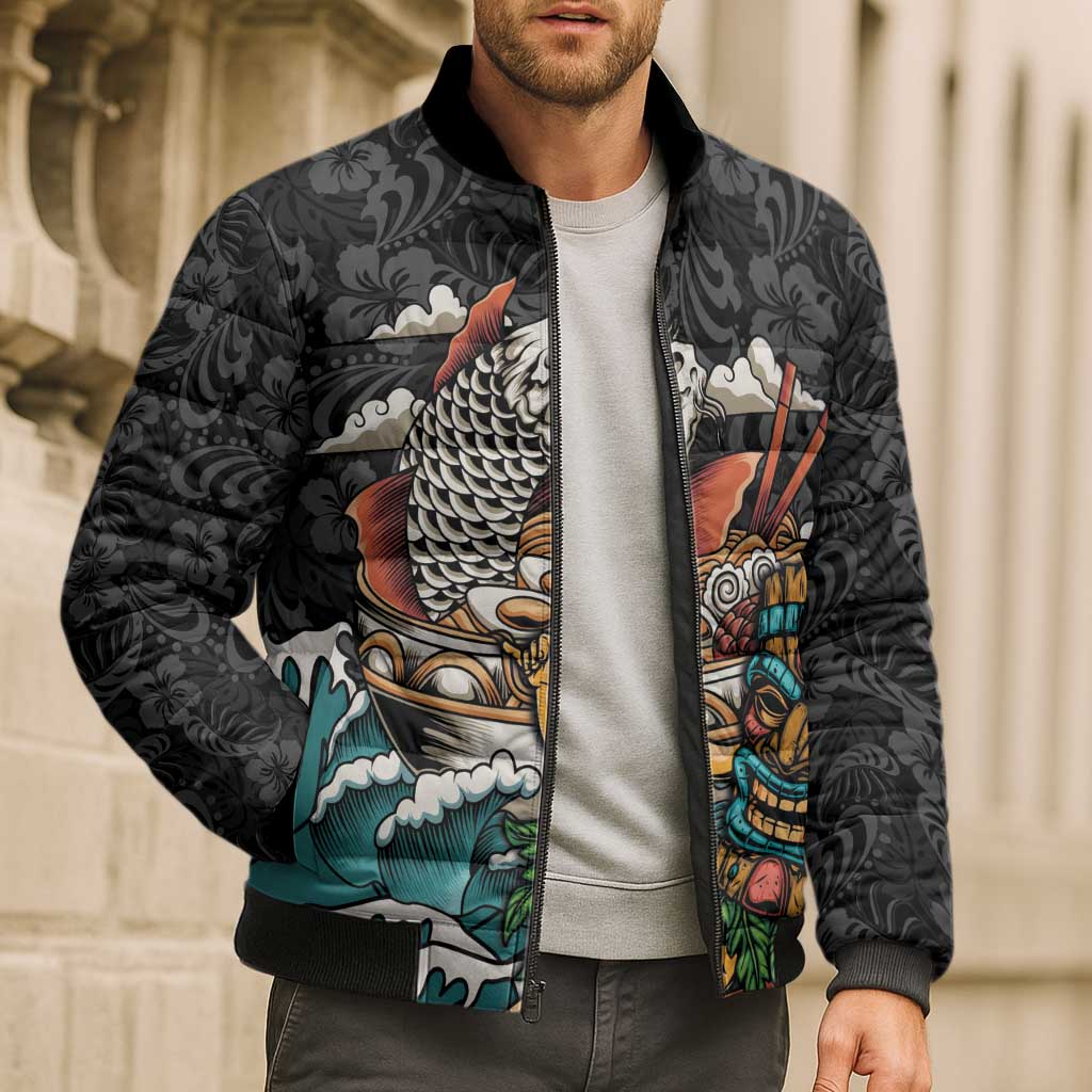 Personalized Japanese Koi Fish Ramen Bomber Puffer Jacket Tiki Surfing Wagara Hibiscus Pattern