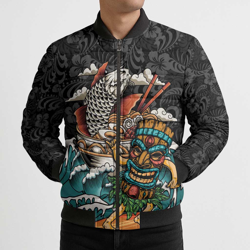 Personalized Japanese Koi Fish Ramen Bomber Puffer Jacket Tiki Surfing Wagara Hibiscus Pattern