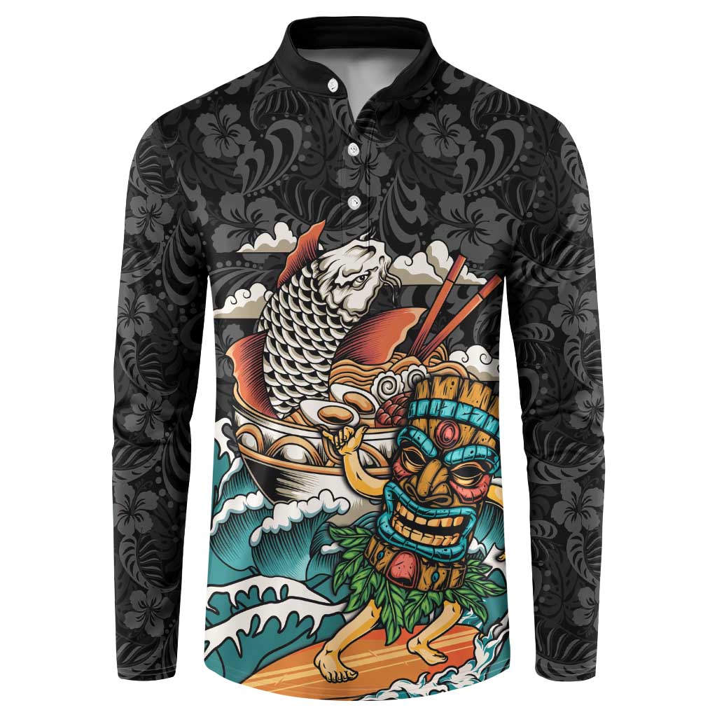 Personalized Japanese Koi Fish Ramen Button Sweatshirt Tiki Surfing Wagara Hibiscus Pattern