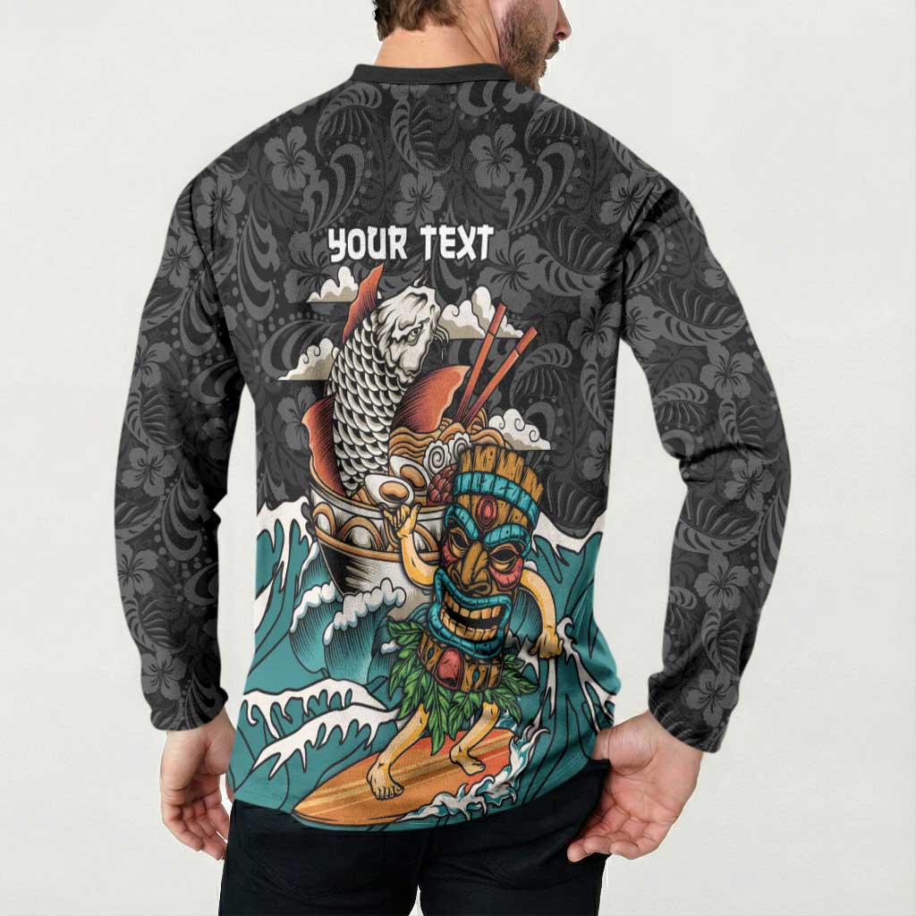 Personalized Japanese Koi Fish Ramen Button Sweatshirt Tiki Surfing Wagara Hibiscus Pattern