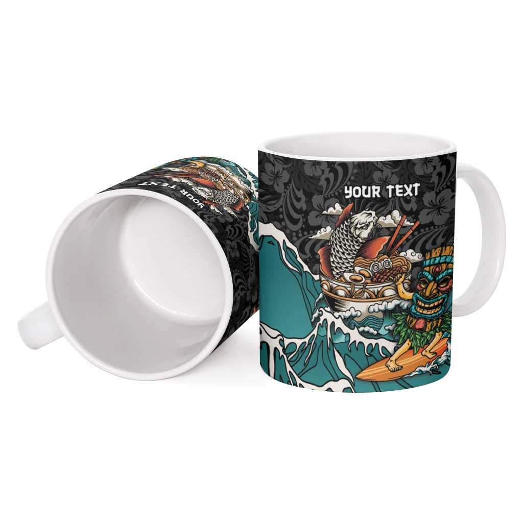 Personalized Japanese Koi Fish Ramen Ceramic Mug Tiki Surfing Wagara Hibiscus Pattern