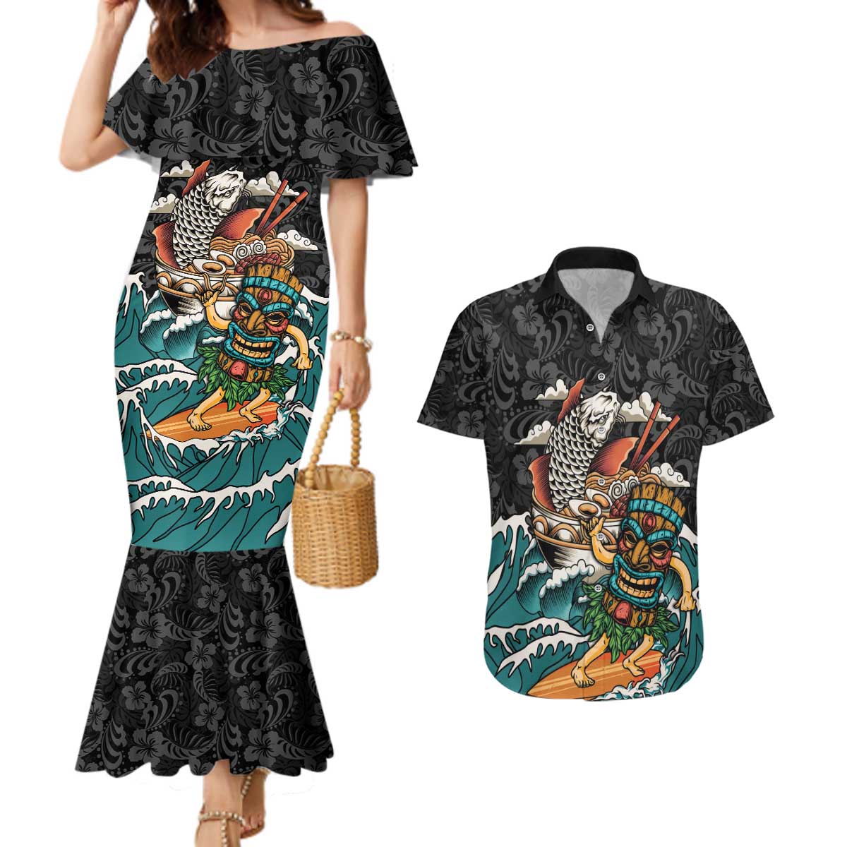 Personalized Japanese Koi Fish Ramen Couples Matching Mermaid Dress and Hawaiian Shirt Tiki Surfing Wagara Hibiscus Pattern LT9 Black - Polynesian Pride