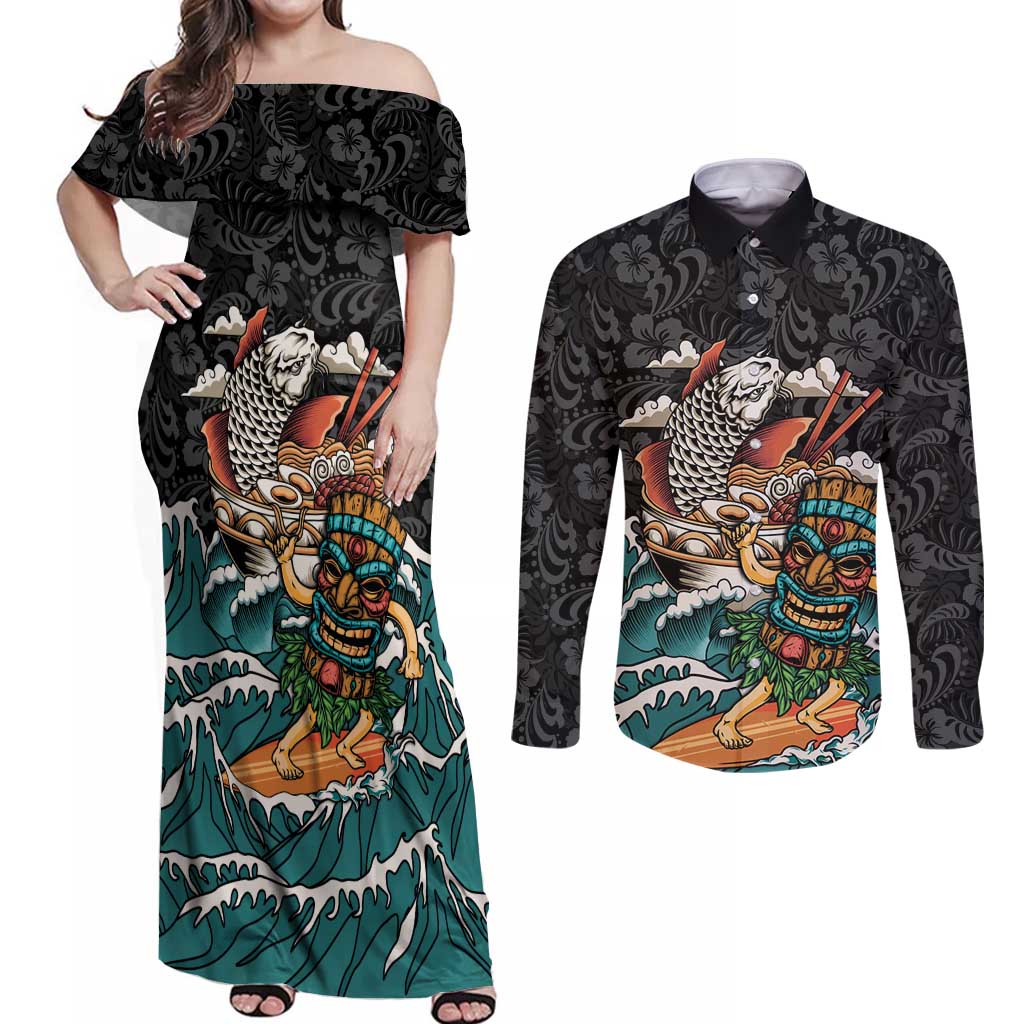 Personalized Japanese Koi Fish Ramen Couples Matching Off Shoulder Maxi Dress and Long Sleeve Button Shirt Tiki Surfing Wagara Hibiscus Pattern