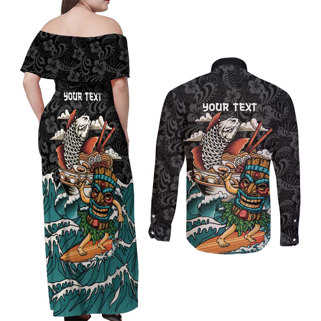 Personalized Japanese Koi Fish Ramen Couples Matching Off Shoulder Maxi Dress and Long Sleeve Button Shirt Tiki Surfing Wagara Hibiscus Pattern