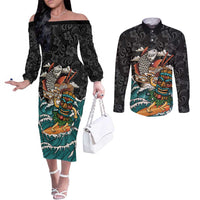 Personalized Japanese Koi Fish Ramen Couples Matching Off The Shoulder Long Sleeve Dress and Long Sleeve Button Shirt Tiki Surfing Wagara Hibiscus Pattern LT9 Black - Polynesian Pride