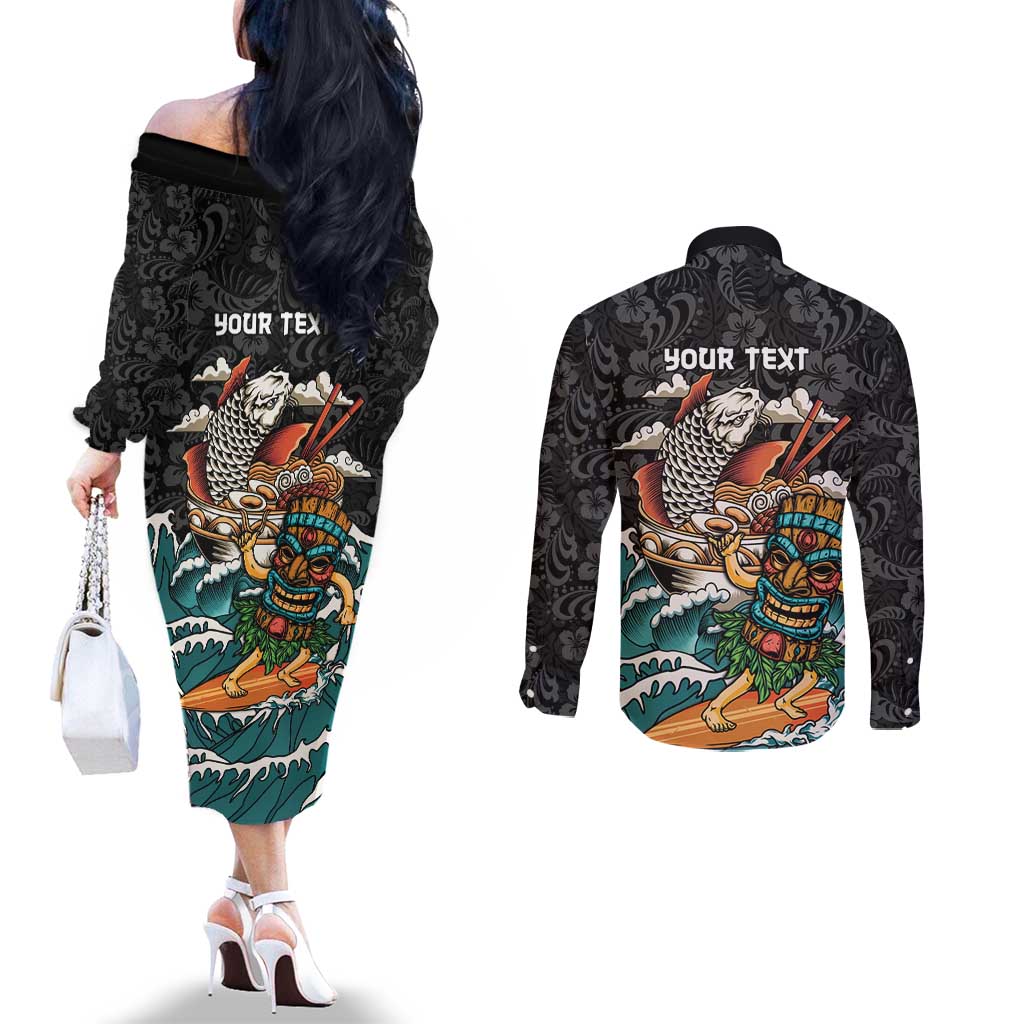 Personalized Japanese Koi Fish Ramen Couples Matching Off The Shoulder Long Sleeve Dress and Long Sleeve Button Shirt Tiki Surfing Wagara Hibiscus Pattern LT9 - Polynesian Pride