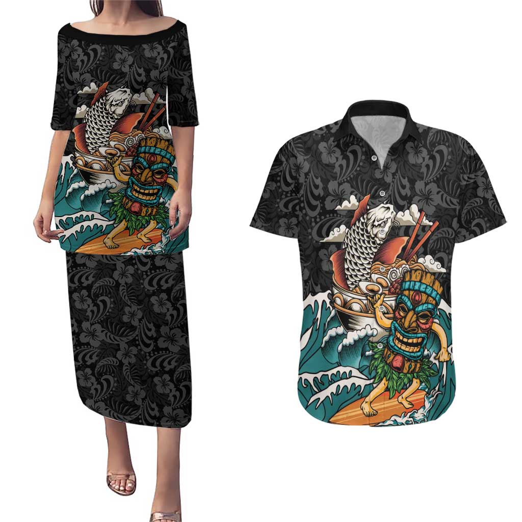 Personalized Japanese Koi Fish Ramen Couples Matching Puletasi and Hawaiian Shirt Tiki Surfing Wagara Hibiscus Pattern