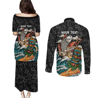 Personalized Japanese Koi Fish Ramen Couples Matching Puletasi and Long Sleeve Button Shirt Tiki Surfing Wagara Hibiscus Pattern