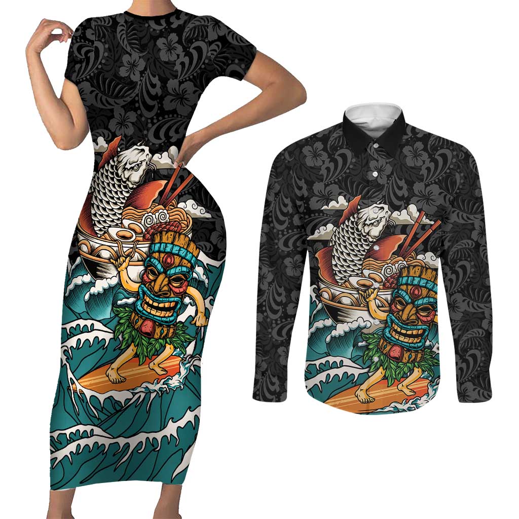 Personalized Japanese Koi Fish Ramen Couples Matching Short Sleeve Bodycon Dress and Long Sleeve Button Shirt Tiki Surfing Wagara Hibiscus Pattern LT9 Black - Polynesian Pride