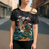 Personalized Japanese Koi Fish Ramen Cross Shoulder Shirt Tiki Surfing Wagara Hibiscus Pattern