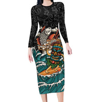 Personalized Japanese Koi Fish Ramen Family Matching Long Sleeve Bodycon Dress and Hawaiian Shirt Tiki Surfing Wagara Hibiscus Pattern LT9 Mom's Dress Black - Polynesian Pride