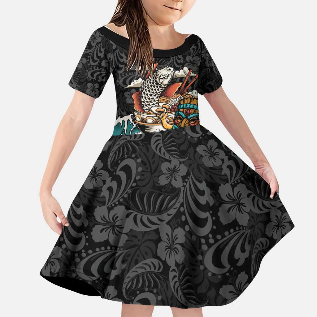 Personalized Japanese Koi Fish Ramen Family Matching Off Shoulder Maxi Dress and Hawaiian Shirt Tiki Surfing Wagara Hibiscus Pattern LT9 Daughter's Dress Black - Polynesian Pride