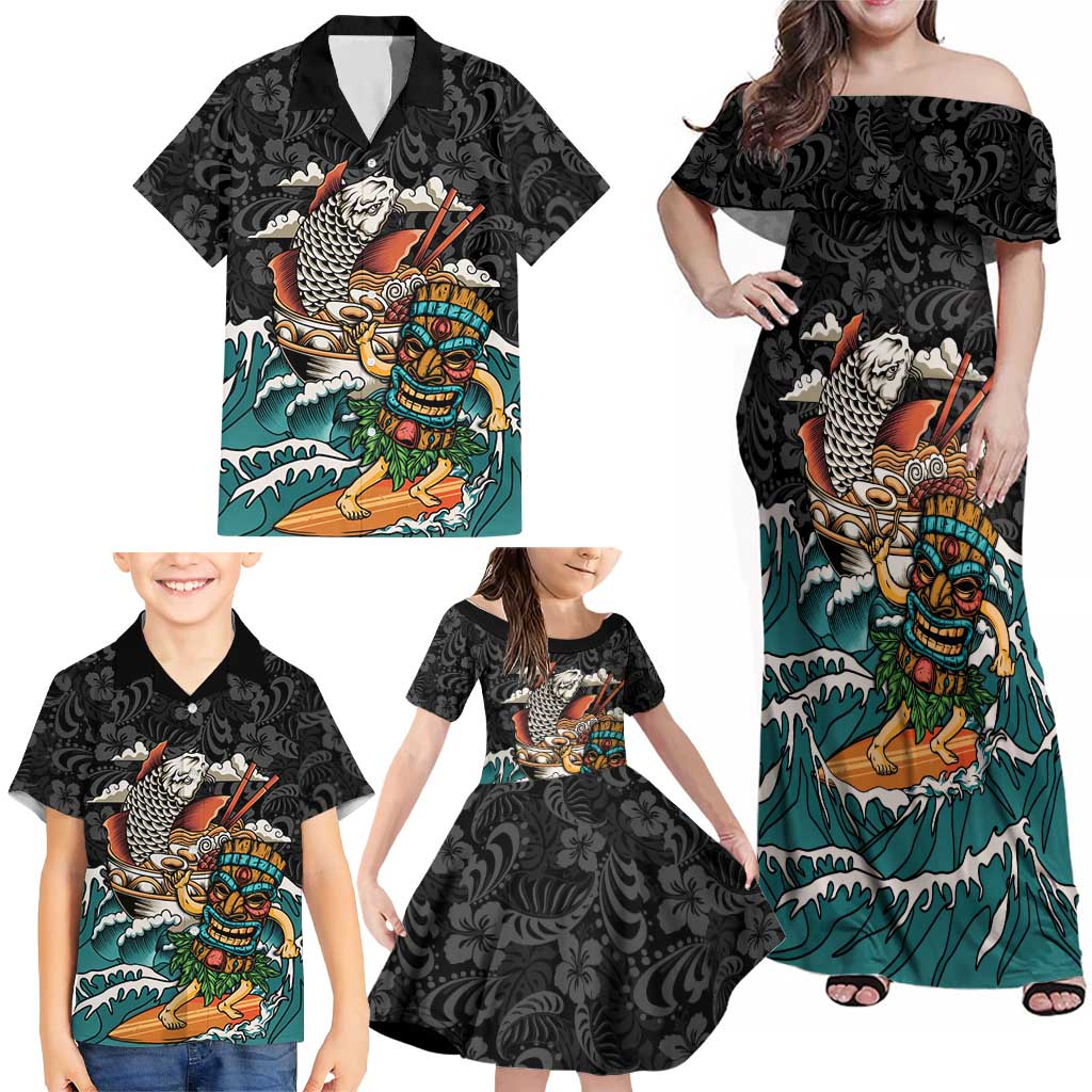 Personalized Japanese Koi Fish Ramen Family Matching Off Shoulder Maxi Dress and Hawaiian Shirt Tiki Surfing Wagara Hibiscus Pattern LT9 - Polynesian Pride