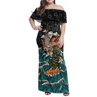 Personalized Japanese Koi Fish Ramen Family Matching Off Shoulder Maxi Dress and Hawaiian Shirt Tiki Surfing Wagara Hibiscus Pattern LT9 Mom's Dress Black - Polynesian Pride