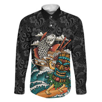 Personalized Japanese Koi Fish Ramen Family Matching Off Shoulder Short Dress and Hawaiian Shirt Tiki Surfing Wagara Hibiscus Pattern LT9 Dad's Shirt - Long Sleeve Black - Polynesian Pride